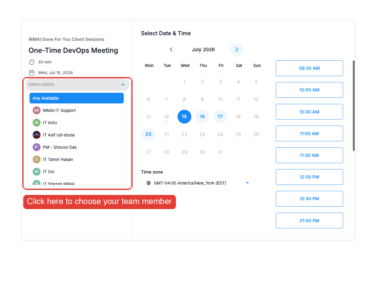 The DevOps booking calendar with the team-member dropdown open — click 'Select option' at the top of the calendar to choose who you meet with.